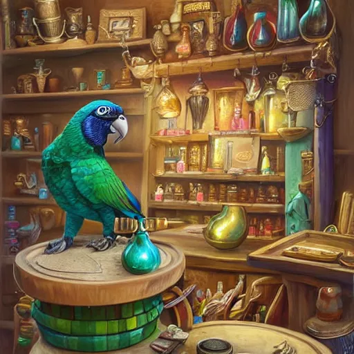 Image similar to Anthropomorphized parrot trader in his shop, selling his wares, portrait, items, items, magic potions, carpet, window, fancy hat, sly expression , cunning expression, cute expression, long thick shiny black beak, presenting wares, holding a bag, D&D, fantasy, cinematic lighting, highly detailed, digital painting, artstation, concept art, smooth, sharp focus, illustration, warm light, cozy warm tint, magic the gathering artwork, volumetric lighting, 8k, art by Akihiko Yoshida, Greg Rutkowski