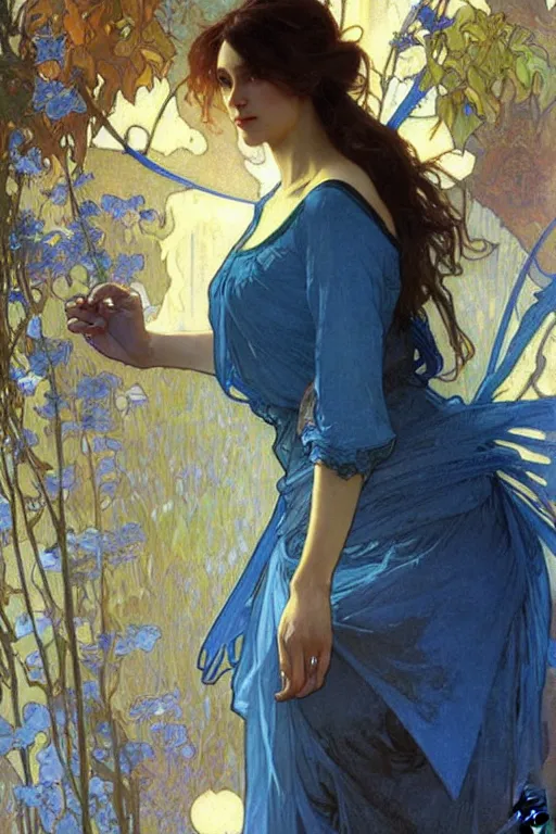 Prompt: A woman wearing blue clothes, fantasy, painting by greg rutkowski and alphonse mucha
