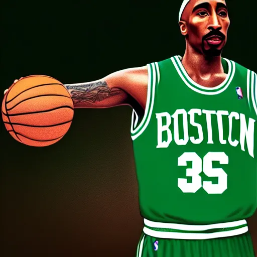 Image similar to portrait of tupac shakur, boston celtics jersey number 3 4, green, white, cartoon digital art, oil on canvas, trending on artstation, octane render