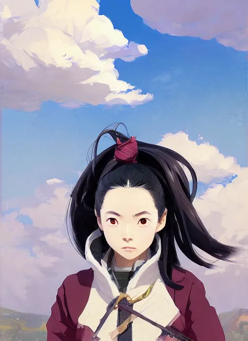 Image similar to portrait of Nezuko Kamado from Demon Slayer Anime, countryside, calm, fantasy character portrait, dynamic pose, above view, sunny day, thunder clouds in the sky, artwork by Jeremy Lipkin and Giuseppe Dangelico Pino and Michael Garmash and Rob Rey, very coherent asymmetrical artwork, sharp edges, perfect face, simple form, 100mm