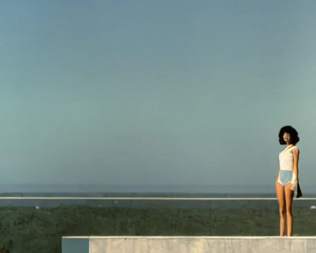 Prompt: a still of a young woman standing on a huge concrete white deck, high above the ground, of a minimalist brutalist beach house, outside view, low angle, clear sky and background, in the music video Wrapped Around your Finger (1983)