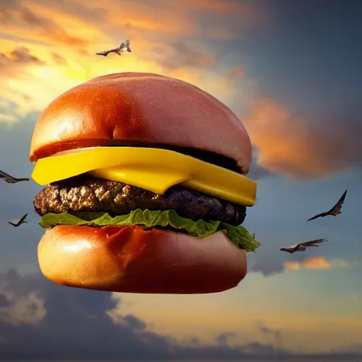 Image similar to a cheeseburger with wings, flapping its wings flying in sunset sky, oil on canvas, portrait, intricate, 8k highly professionally detailed, HDR, CGsociety