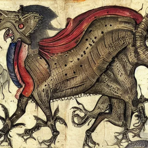 Prompt: medieval bestiary filled with uncanny grotesque beasts and hybrids