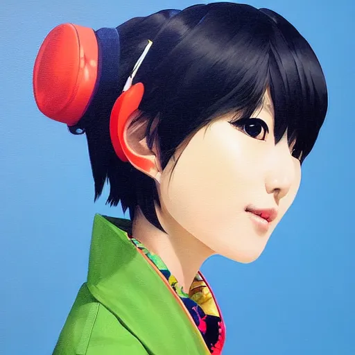 Image similar to Portrait painting Yukiko okada japanese idol wearing a jacket and a collar, as an Overwatch character, medium shot, asymmetrical, profile picture, Organic Painting, sunny day, Matte Painting, bold shapes, hard edges, street art, trending on artstation, by Huang Guangjian and Gil Elvgren and Sachin Teng