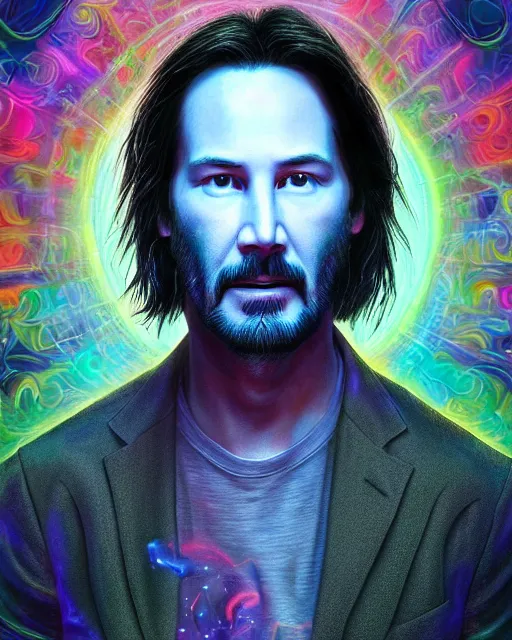 Prompt: portrait ultra dimensional keanu reeves entity, accidentally tripping on dmt and acid, psychedelic experience, overwhelming psychosis of self realization and burning awakening, ultra high definition, unreal engine 5, hyperrealism, masterpiece composition, by casey weldon, barclay shaw 8 k photorealistic