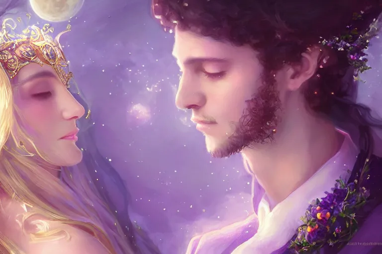 Image similar to a dreamlike cinematic portrait of wedding photograph close up moment of a divine a russia sun god and moon goddess lovers magician at a wedding banquet. portraiture. digital painting. artstation. concept art. fantasy wedding photo. digital painting, 8 k realistic, hyper detailed, violet evergarden art masterpiece by art by krenz cushart