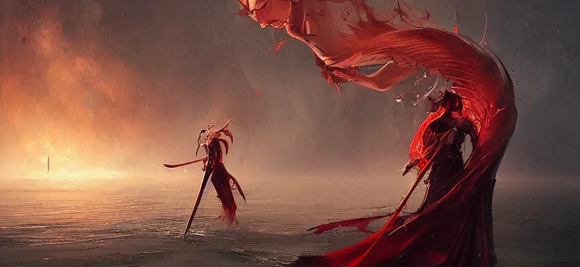 Image similar to sacred vampire against a knight, red sea, sword attack, acanthus scroll, ceremonial clouds, dripping paint, fibonacci rhythm, artstation, art germ, wlop, karol bak, christopher balaskas, ross tran