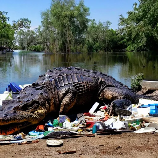 Image similar to one large alligator on a leash sleeping next to a very large mound of trash, papers, junk, and metal parts