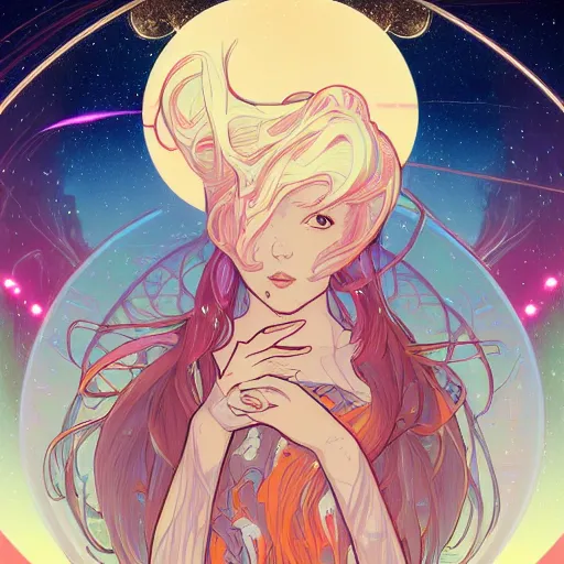 Prompt: portrait of a young astronaut girl, flowing white hair, alphonse mucha, loish, yoshitoshi abe, murata range, synthwave, cosmic,orange, kyoto animation, manga, anime, tsutomu nihei, vibrant, beautiful, dreamy, ((space nebula background))