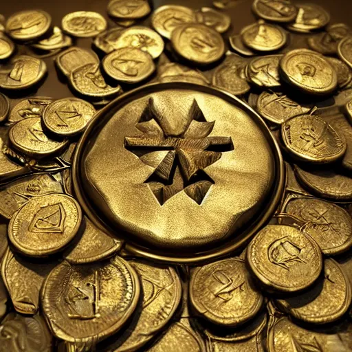 Prompt: coins from a fantasy world, made of gold and silver, magic symbols are engraved on them, unreal engine 5 4k render, artstation