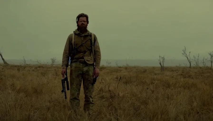 Image similar to lone survivor man holding a walkie!! in post - apocalyptic nature landscape. movie screenshot. lush composition by wes anderson, shallow depth of field, cinematic. cinematic composition