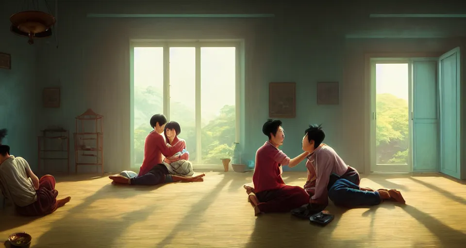 Prompt: wide shot of asian couple hugging at each other, sitting in rural living room, group of mechanical fans placing around the room, day light, colorful mood, high details, octane render, 8 k, digital illustration by kyuyong eom, realistic painting by aivazovsky, james jean, greg rutkowski, anato finnstark