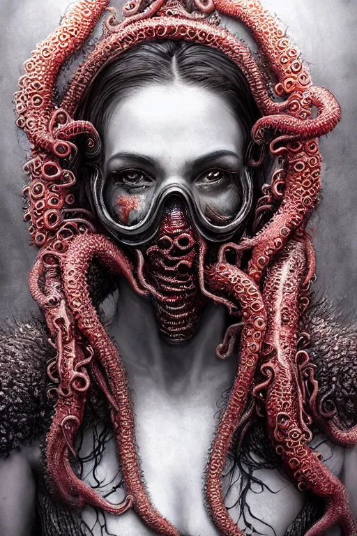 Prompt: realistic portrait of beautifully crystalized and detailed portrait of a zombie woman with gasmask, tentacles, tendrils, eldritch, matte painting of cinematic movie scene red dragon, horror, created by gustave dore and greg rutkowski, high detailed, smooth draw, synthwave neon retro, intricate, realistic proportions, dramatic lighting, trending on artstation.