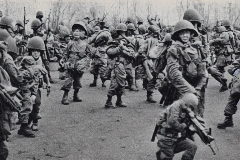 Image similar to baby soldiers storming normandy, old world war 2 photo, film grain