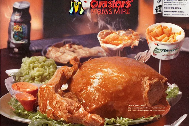 Image similar to mcdonald's roast pork meal, in 1 9 9 5, y 2 k cybercore, advertisement photo. artwork by craig mullins