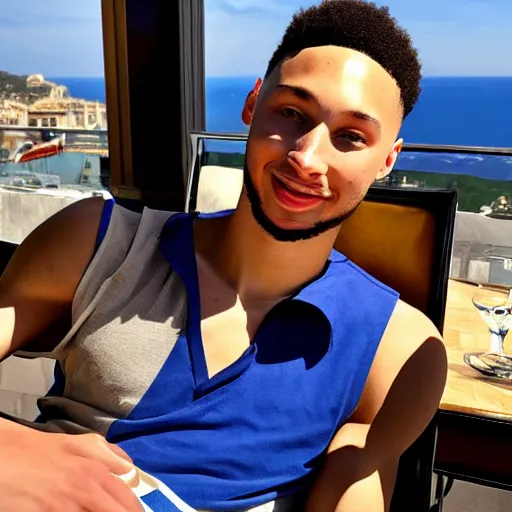 Prompt: ben simmons luxuriating in a cafe on the french riviera while calling off sick from basketball practice, golden hour,
