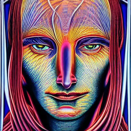 Prompt: portrait of the pagan wueen libuse by alex grey