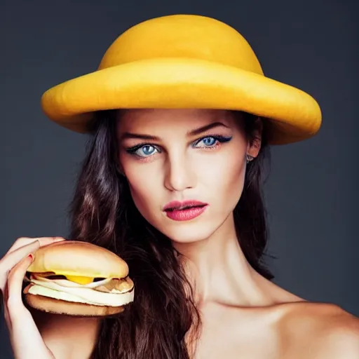 Prompt: a realistic supermodel is gazing into the camera wearing a hat that looks like a cheeseburger, she looks beautiful, the photo is award winning, studio lighting, magazine quality
