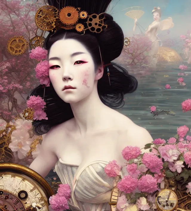 Image similar to baroque portrait of one geisha woman of porcelain skin with steampunk elements lying down in a river made of thousand of flowers, cinematic lighting, photorealistic, octane render, 8 k, depth of field, art by artgerm and greg rutkowski and alphonse mucha and uang guangjian