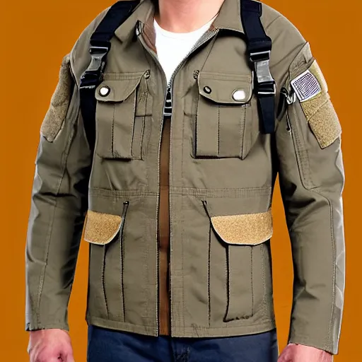 Prompt: cargo buckskin jacket tactical toolbelt pockets