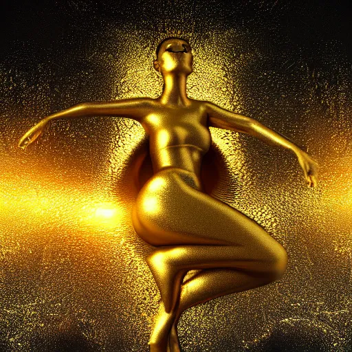 Image similar to 3 d fluid simulation render, octane render, xparticles, black latex and golden colors, female bodies, abstract sculpture