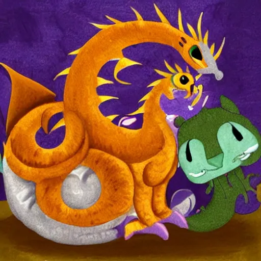 Image similar to small cute purple dragon, the dragon is hugging an orange tabby cat, soft, cozy