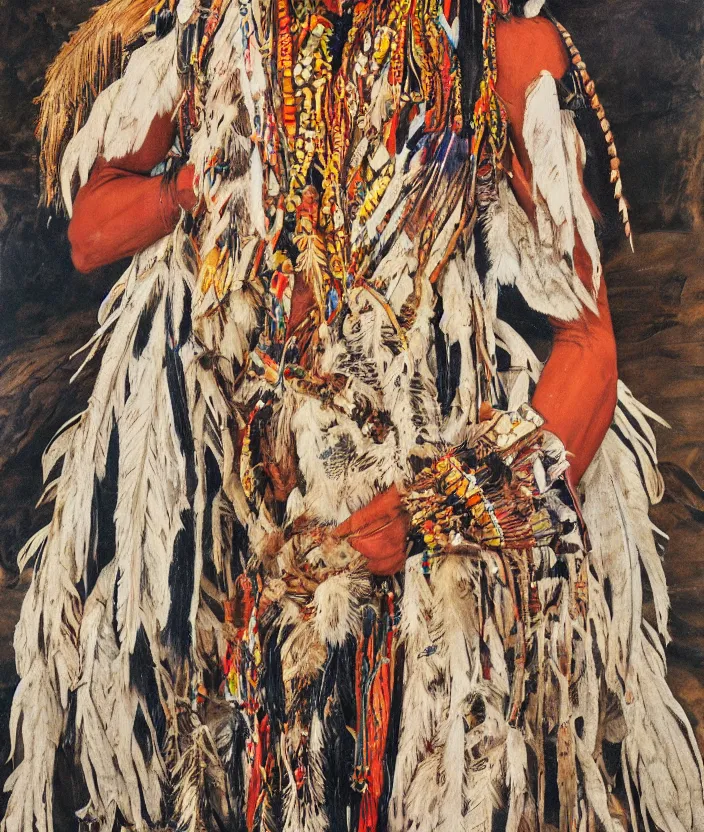 Prompt: full body shot picture of indigenous people young slim fit woman leader in canyon, painted by lucian freud, intricate costume design, beautiful feathers, hd, super detailed, realistic