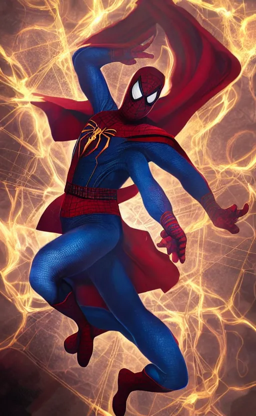 Image similar to spiderman as doctor strange, using his mystic arts, dynamic lighting, photorealistic fantasy concept art, trending on art station, stunning visuals, creative, cinematic, ultra detailed