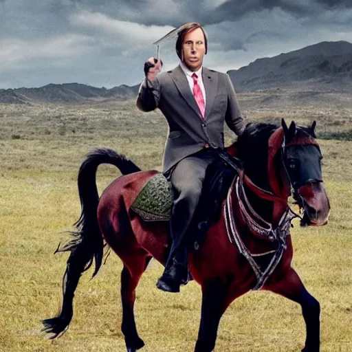 Image similar to saul goodman riding a horse while holding a sword, tv still