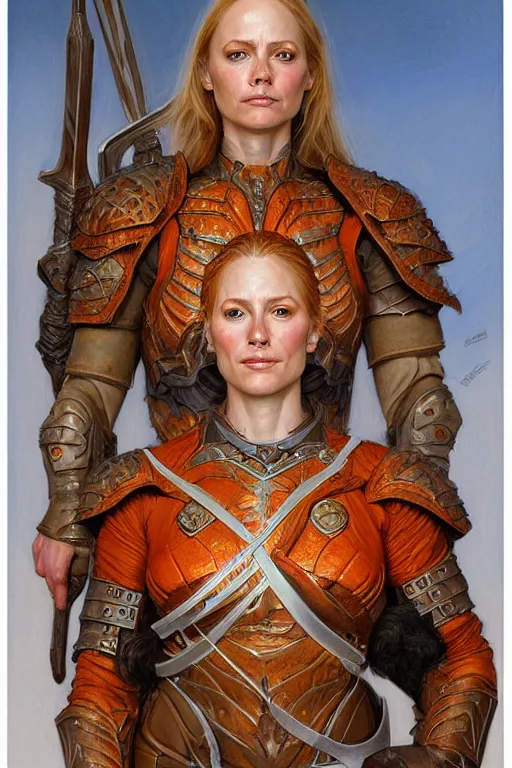 Image similar to full - body portrait of a ranger, female, white and orange breastplate, magical, high fantasy, d & d, by donato giancola, face details, extremely detailed, digital illustration