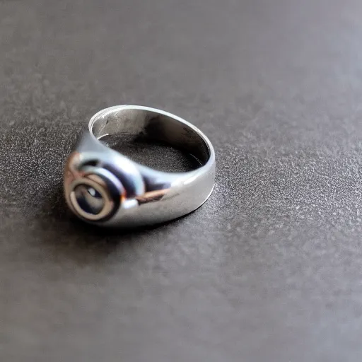 Prompt: silver ring with a chrome brain, product photo