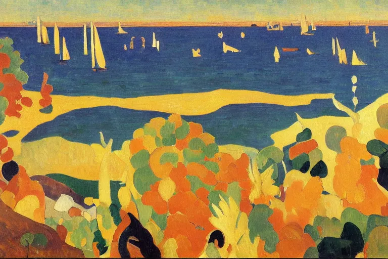 Image similar to A sprawling abstract landscape painting of the Chesapeake bay in the fall, bathed in golden light, peaceful, sailboats, birds in the distance, golden ratio, fauvisme, art du XIXe siècle, oil on canvas by André Derain, Albert Marquet, Auguste Herbin, Louis Valtat, Musée d'Orsay catalogue