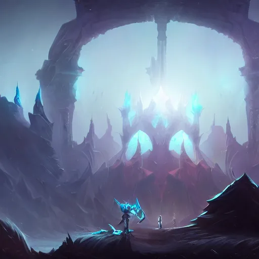 Image similar to The blade of the ruined king, digital illustration, futuristic statues, glow in the dark, ethereal, the void, ominous background, very detailed, stylized, concept art, trending on artstation, high definition, by Riot Games, League of legends