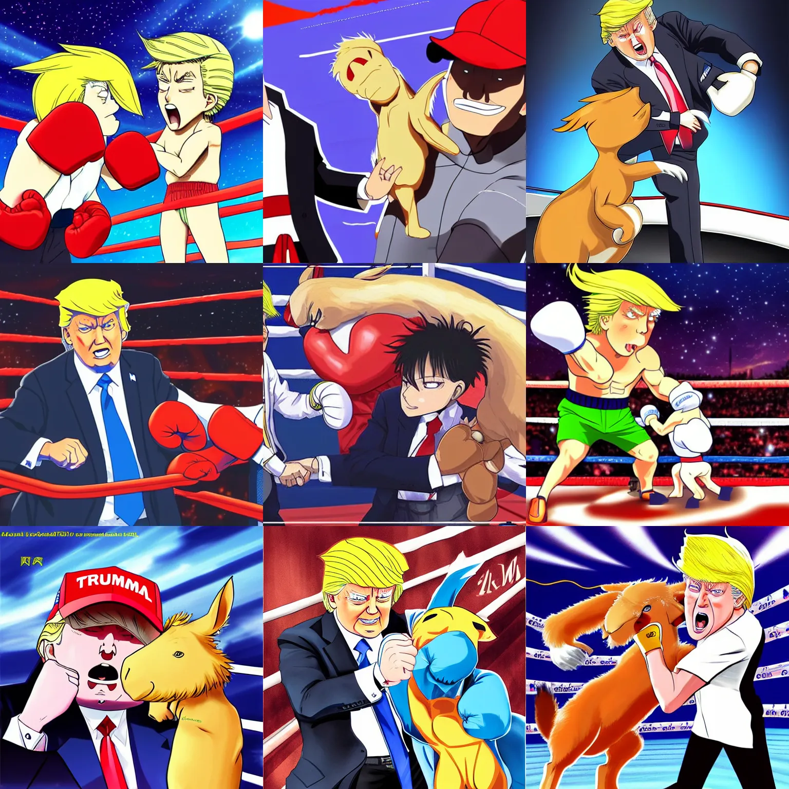 Prompt: “anime key visual of Donald trump boxing a kangaroo, pixiv”