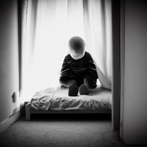 Image similar to dark child room, creepy light, sleeping child, scary eyes under the bed, poor quality photography - H 768