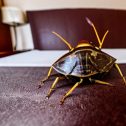 Image similar to a giant brown marmorated stink bug on a hotel bed, bug, beetle, hotel, bed, pentatomidae, halyomorpha halys, canon eos r 3, f / 1. 4, iso 2 0 0, 1 / 1 6 0 s, 8 k, raw, unedited, symmetrical balance, wide angle
