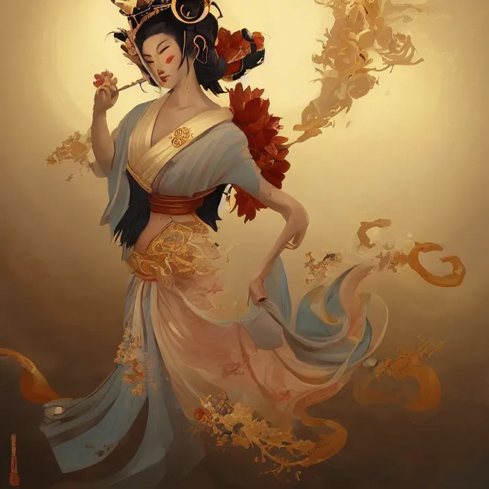 Prompt: asian geisha, by peter mohrbacher, intricate detail, artstation, artgerm, in the style of darkness fantasy, rococo, gold leaf art, rime lighting