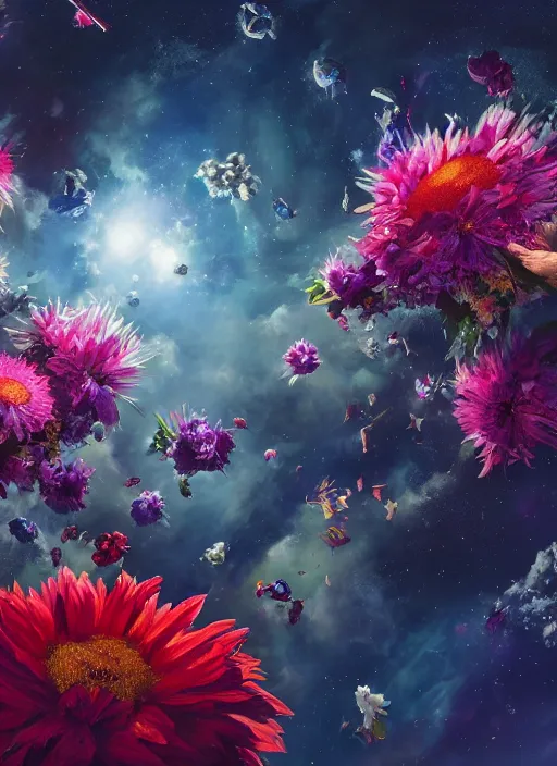 Image similar to An epic fantastic realism comic book style painting of the most beautiful flowers launched into space, bouquets, glorious galactic collision, sharp focus, fisheye, unreal 5, DAZ, hyperrealistic, octane render, dynamic lighting