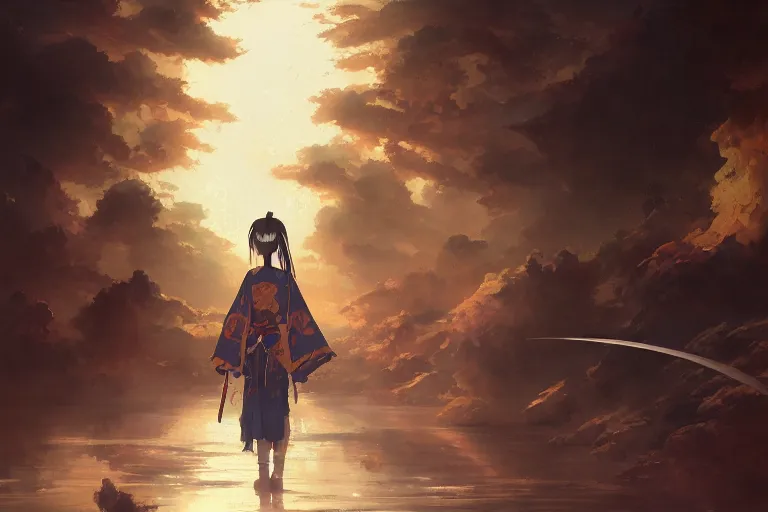 Image similar to baroque oil painting of anime key visual concept art of a samurai girl, very anime, stars vackground, trending on artstation, oil on canvas, style of makoto shinkai greg rutkowski studio ghibli