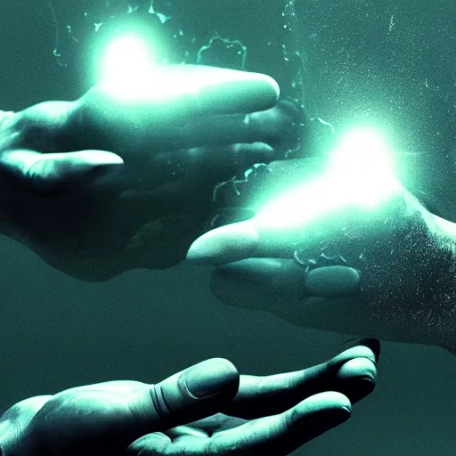 Prompt: hands making contact in the metaverse, organic liquid textures, abundent in details, surreal dramatic lighting