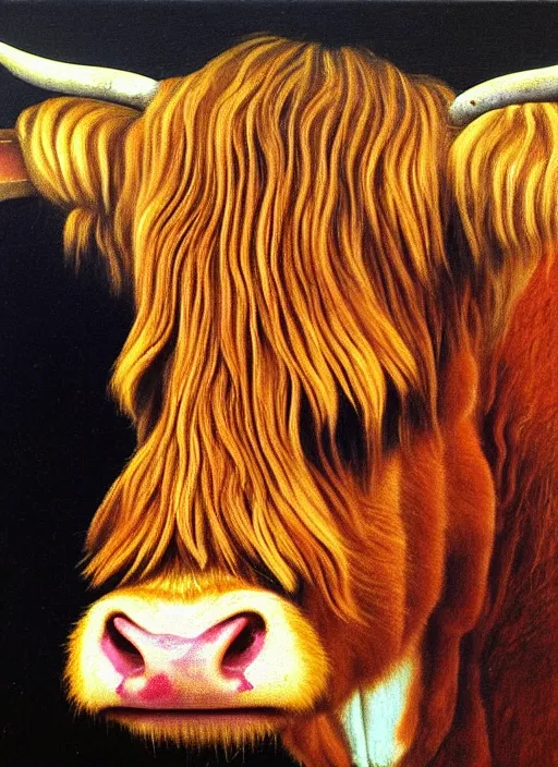 Image similar to oil portrait painting by hans holbein the elder of a highland cow.