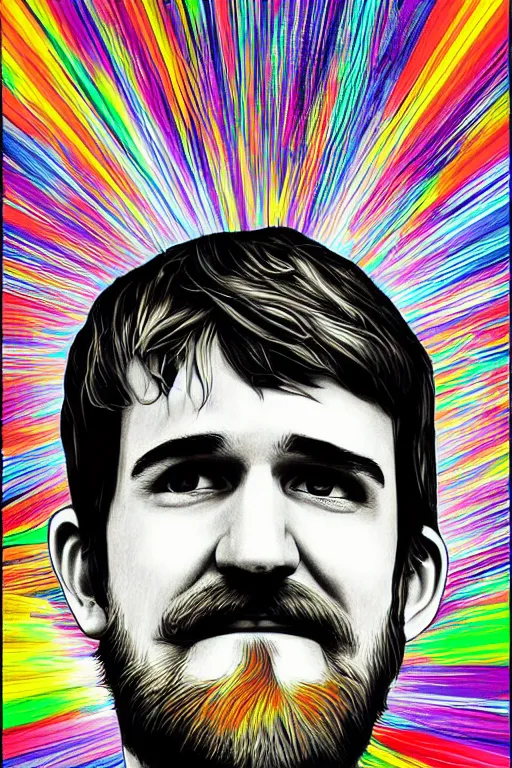 Prompt: inspirational style hope poster of bo burnham with beard, psychedelic colors, highly detailed, realistic, loving, by vitto ngai