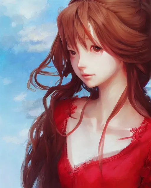 Image similar to aerith gainsborough in red cottagecore dress, portrait, illustration, rim light, top light, perfectly shaded, spring time, slight overcast lighting, soft painting, art by krenz cushart and wenjun lin