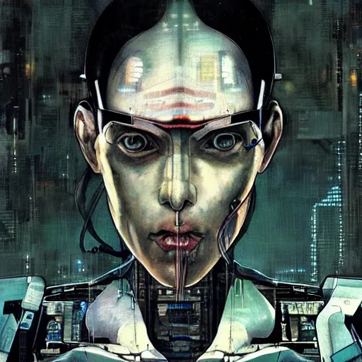 Image similar to Digital portrait of a cyborg from Ghost in the shell by Enki bilal and Salvador Dali, cyberpunk, impressive perspective, aesthetic, masterpiece