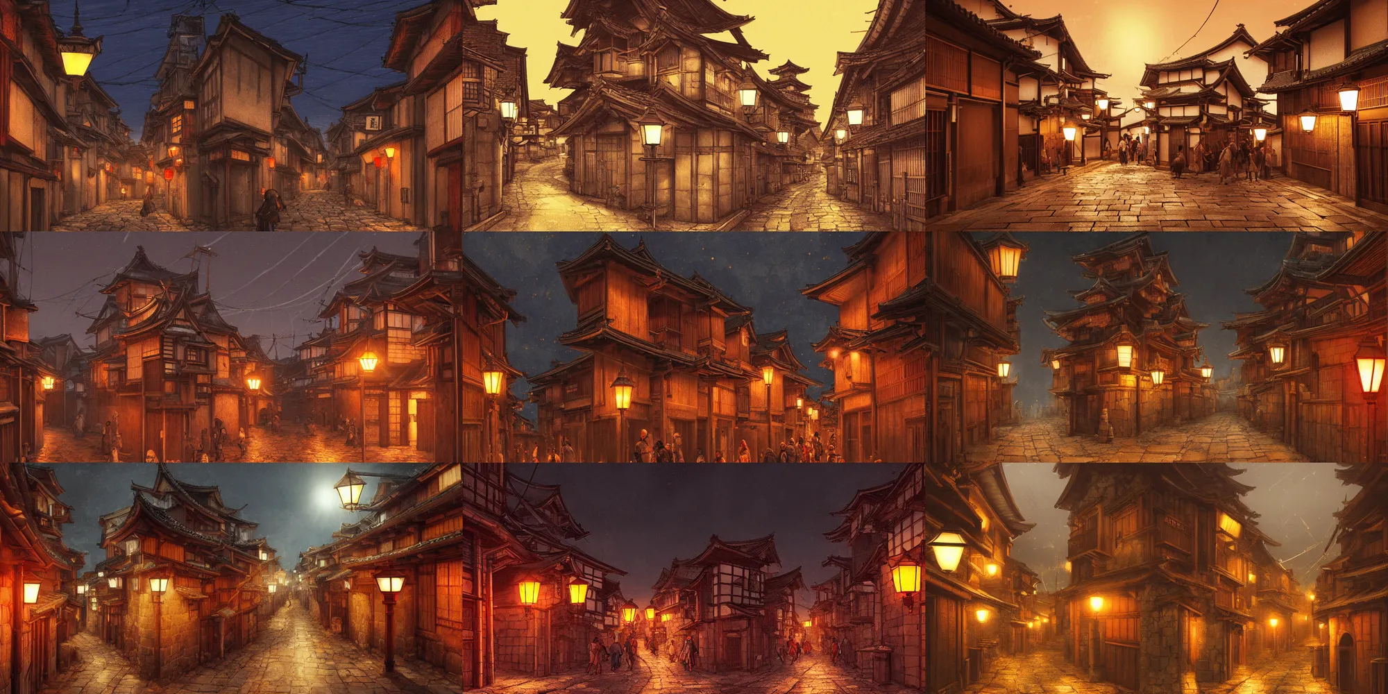 Prompt: Medieval Kyoto street at night landscape, crowded streets, red streetlamps everywhere, 8K, trending on artstation, golden ratio, rule of thirds, low key, extremely high detail, concept art