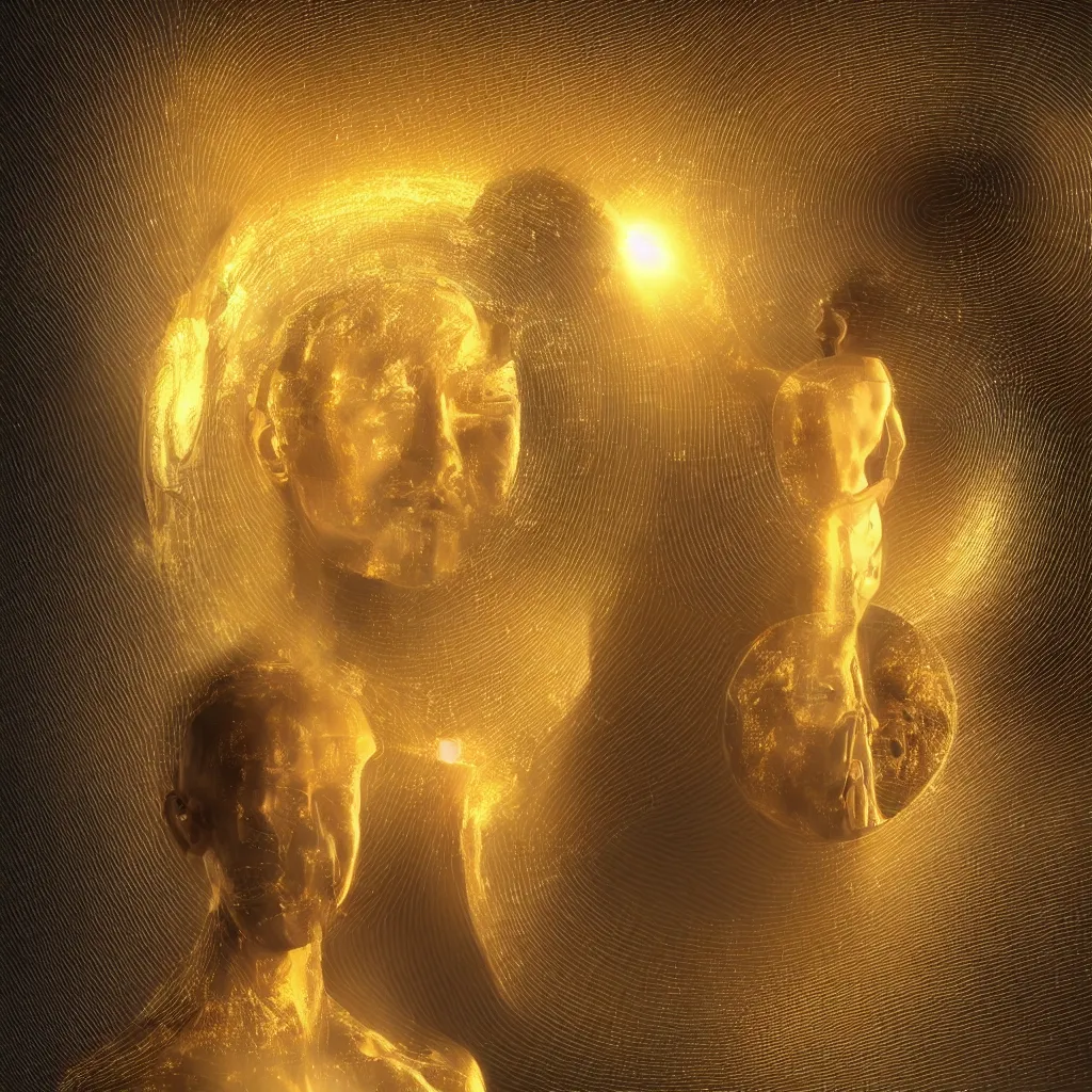 Image similar to “a first human standing looking at a mirror through a golden portal with a reflection of himself while a conscious being manifests next to him, highly detailed in 4K”