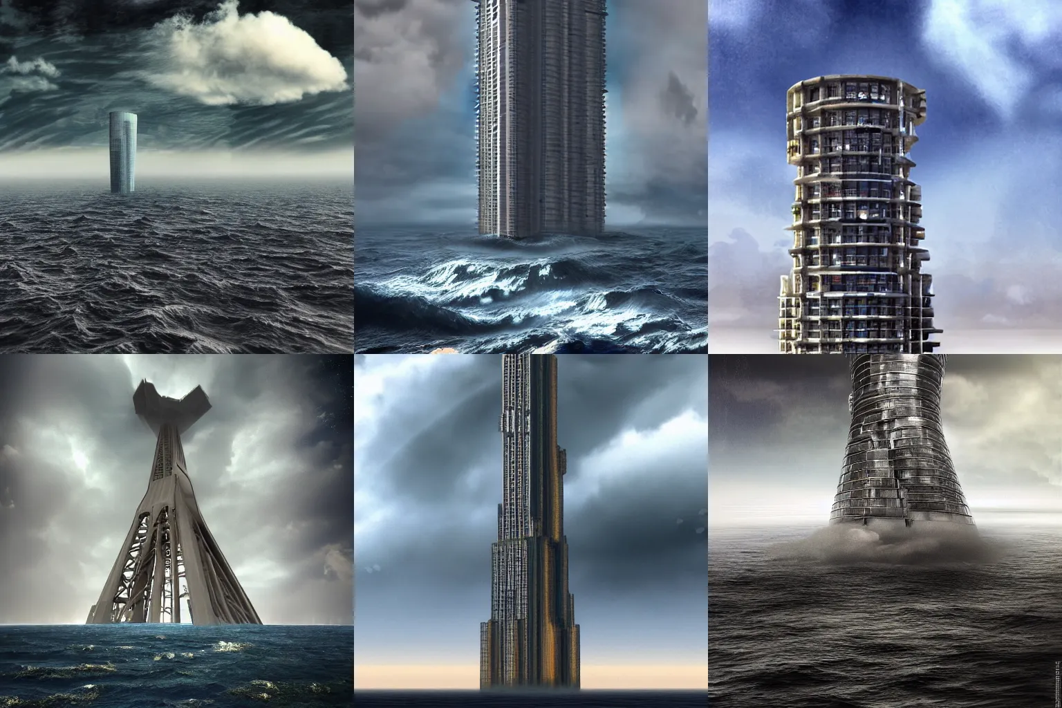 Prompt: Tower taller than the clouds in the middle of an stormy sea in 24th century, wider at the bottom, realistic photo, concept art