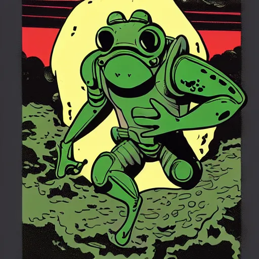 Image similar to Frog in wearing frog power armor flying with a jetpack artwork by Mike Mignola