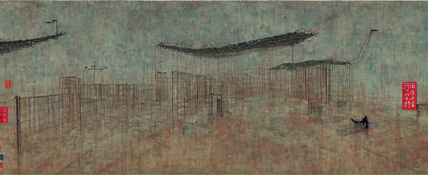 Image similar to a chinese prison near a river by peter doig, muted colors, overlaid with chinese adverts