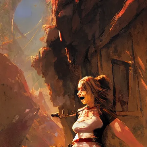 Prompt: happy female adventurer, by jon foster.